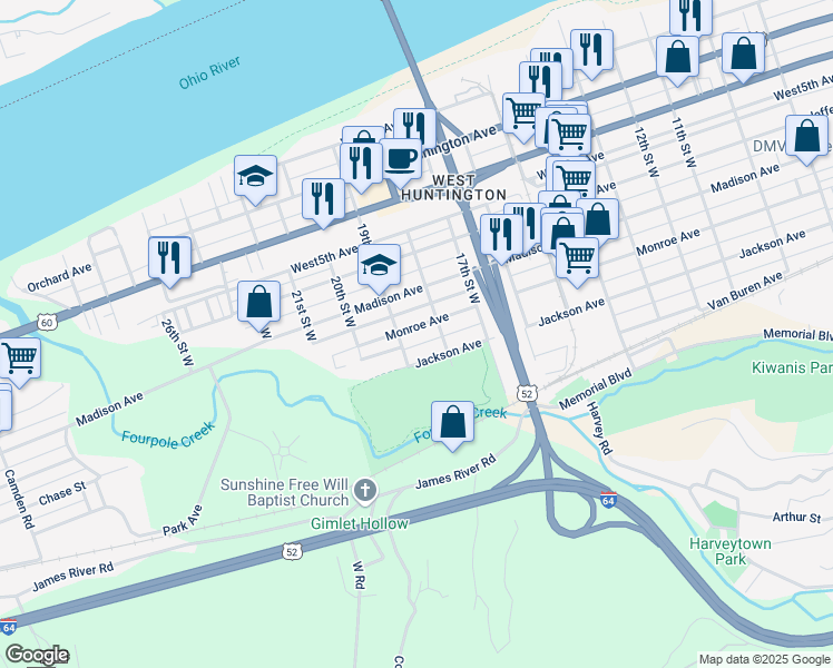 map of restaurants, bars, coffee shops, grocery stores, and more near 1835 Monroe Avenue in Huntington