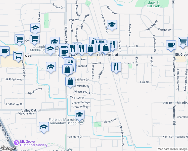 map of restaurants, bars, coffee shops, grocery stores, and more near 9675 Walnut Avenue in Elk Grove