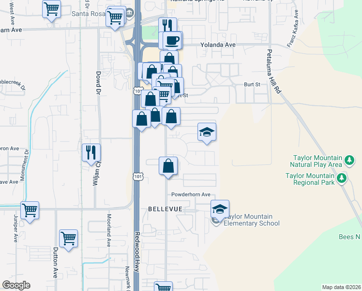 map of restaurants, bars, coffee shops, grocery stores, and more near 615 Elsa Drive in Santa Rosa