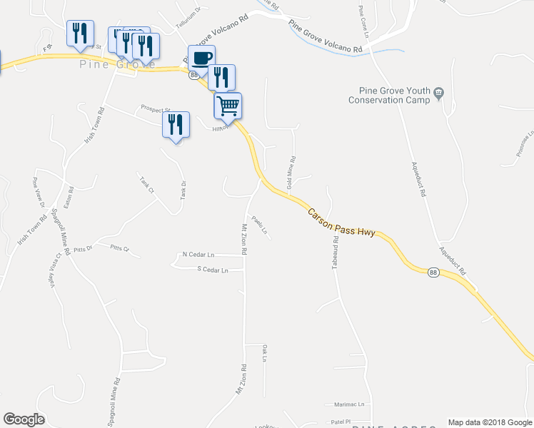 map of restaurants, bars, coffee shops, grocery stores, and more near 13706 Paelo Lane in Pine Grove