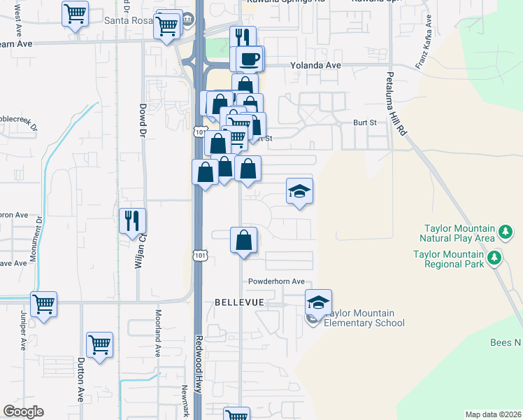 map of restaurants, bars, coffee shops, grocery stores, and more near 615 Elsa Drive in Santa Rosa