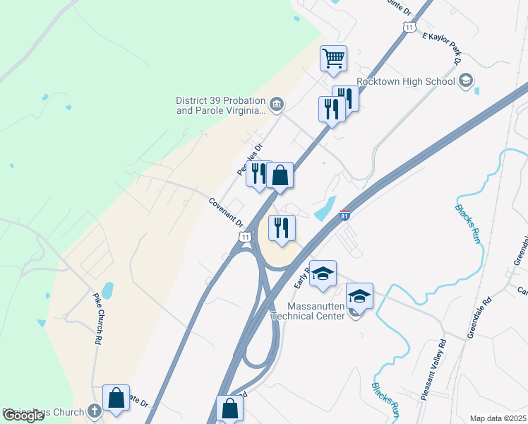 map of restaurants, bars, coffee shops, grocery stores, and more near 1 Pleasant Valley Road in Harrisonburg