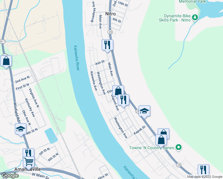 map of restaurants, bars, coffee shops, grocery stores, and more near 411 Elm Street in Nitro