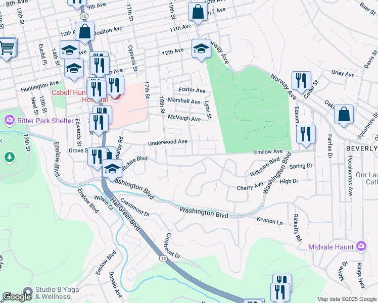 map of restaurants, bars, coffee shops, grocery stores, and more near 1856 Enslow Avenue in Huntington