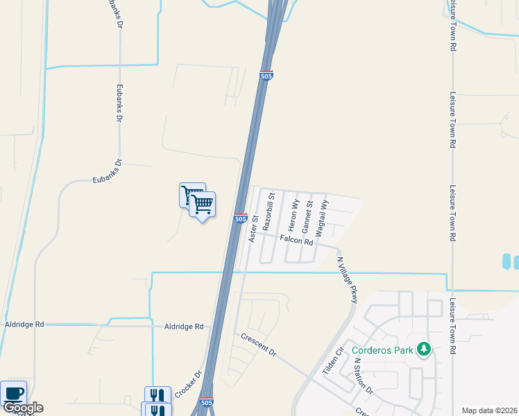 map of restaurants, bars, coffee shops, grocery stores, and more near 501 Aster Street in Vacaville
