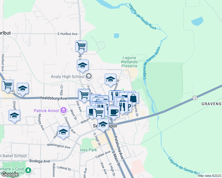 map of restaurants, bars, coffee shops, grocery stores, and more near 462 Johnson Street in Sebastopol
