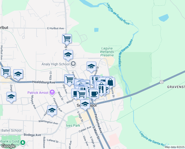 map of restaurants, bars, coffee shops, grocery stores, and more near 462 Johnson Street in Sebastopol