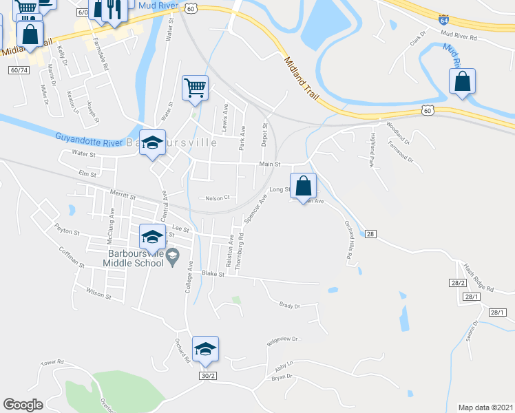 map of restaurants, bars, coffee shops, grocery stores, and more near 414 Spencer Avenue in Barboursville