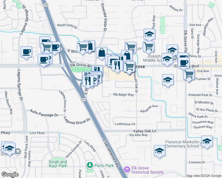 map of restaurants, bars, coffee shops, grocery stores, and more near 8690 Elk Ridge Way in Elk Grove