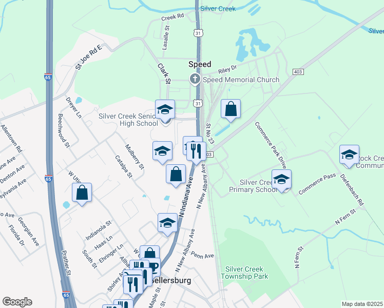 map of restaurants, bars, coffee shops, grocery stores, and more near 503 North Indiana Avenue in Sellersburg