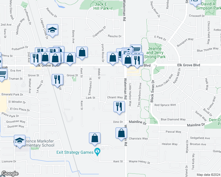 map of restaurants, bars, coffee shops, grocery stores, and more near 9671 Gamay Way in Elk Grove