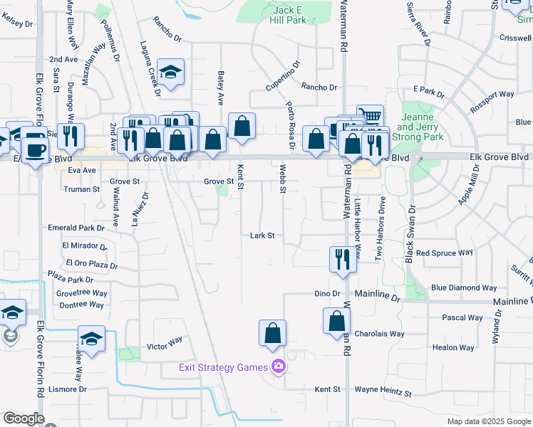 map of restaurants, bars, coffee shops, grocery stores, and more near 9690 Webb Street in Elk Grove