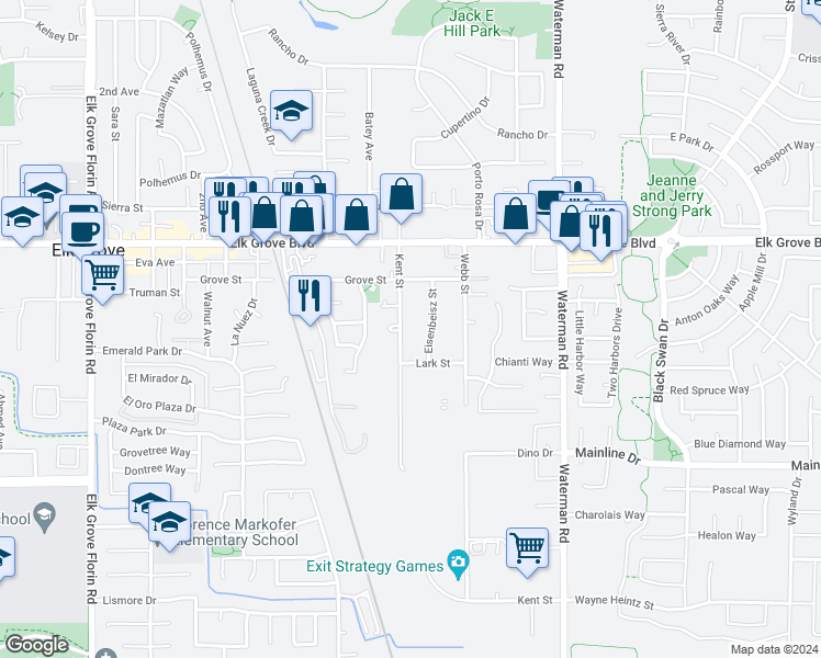 map of restaurants, bars, coffee shops, grocery stores, and more near 9689 Kent Street in Elk Grove