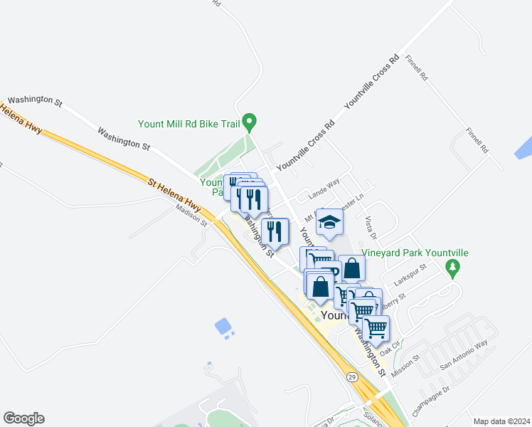 map of restaurants, bars, coffee shops, grocery stores, and more near 2145 Pedroni Street in Yountville