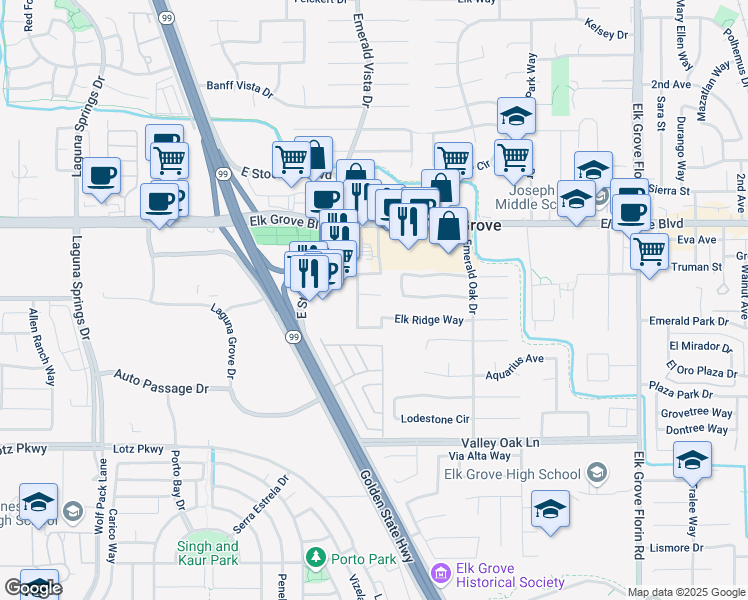 map of restaurants, bars, coffee shops, grocery stores, and more near 8688 Elk Creek Court in Elk Grove