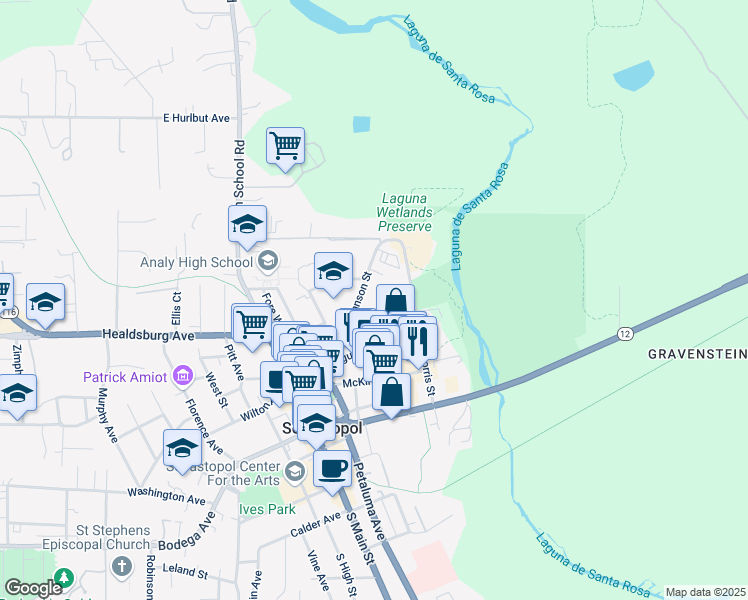 map of restaurants, bars, coffee shops, grocery stores, and more near 460 Flynn Street in Sebastopol