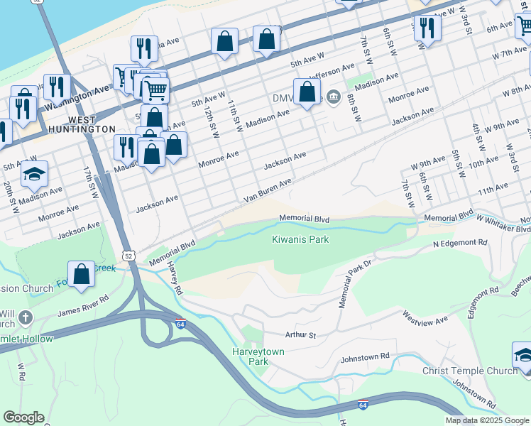 map of restaurants, bars, coffee shops, grocery stores, and more near 1102 Memorial Boulevard in Huntington