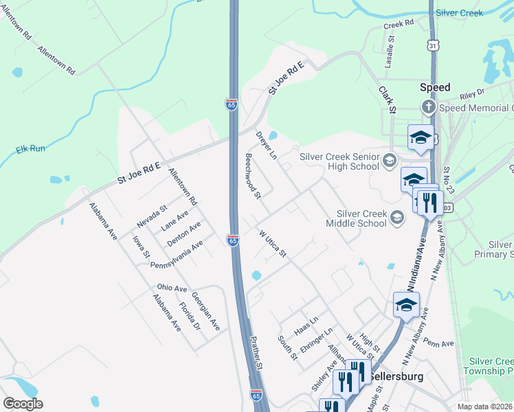 map of restaurants, bars, coffee shops, grocery stores, and more near 707 Dreyer Lane in Sellersburg