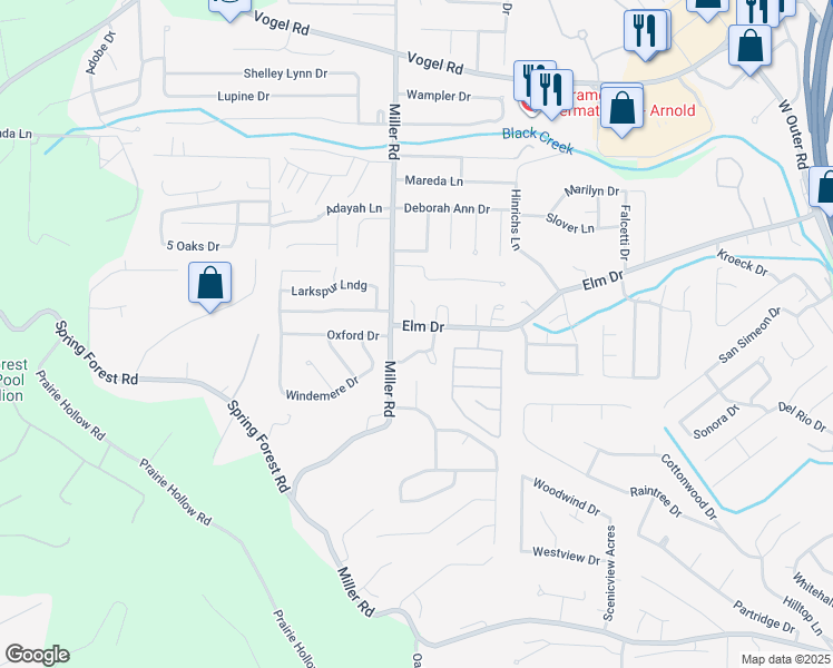 map of restaurants, bars, coffee shops, grocery stores, and more near 2880 Elm Drive in Arnold