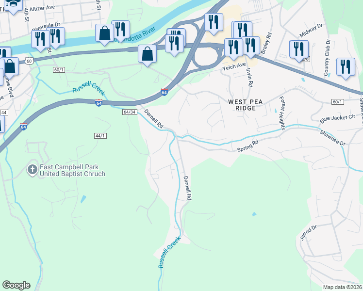 map of restaurants, bars, coffee shops, grocery stores, and more near 4705 Shawnee Drive in Huntington