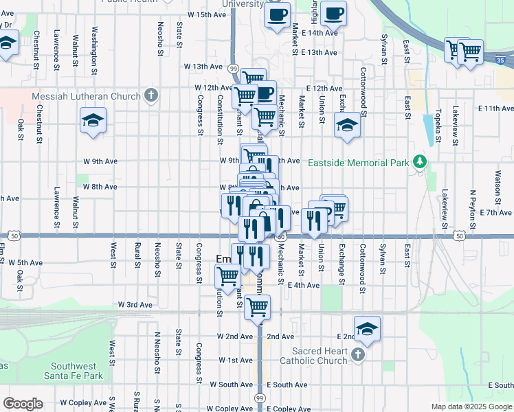 map of restaurants, bars, coffee shops, grocery stores, and more near 5 East 7th Avenue in Emporia