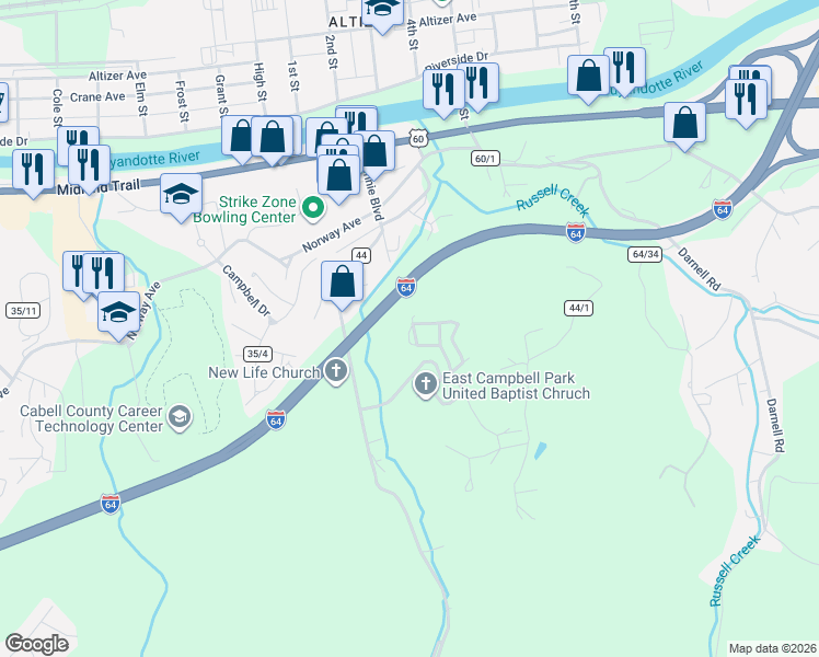 map of restaurants, bars, coffee shops, grocery stores, and more near 1345 Twin Oaks Dr in Huntington