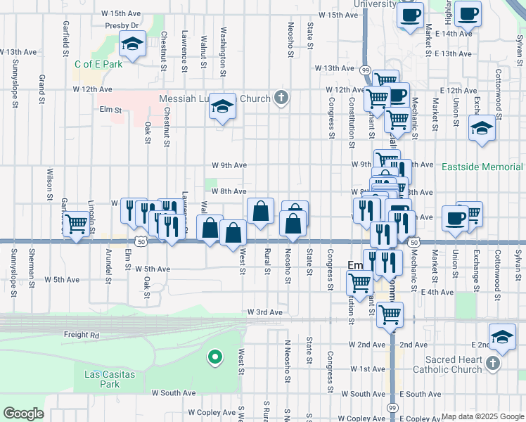 map of restaurants, bars, coffee shops, grocery stores, and more near 703 Rural Street in Emporia