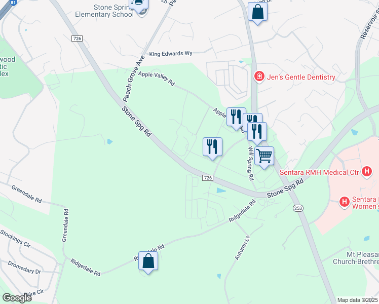 map of restaurants, bars, coffee shops, grocery stores, and more near 1541 Port Hills Drive in Harrisonburg