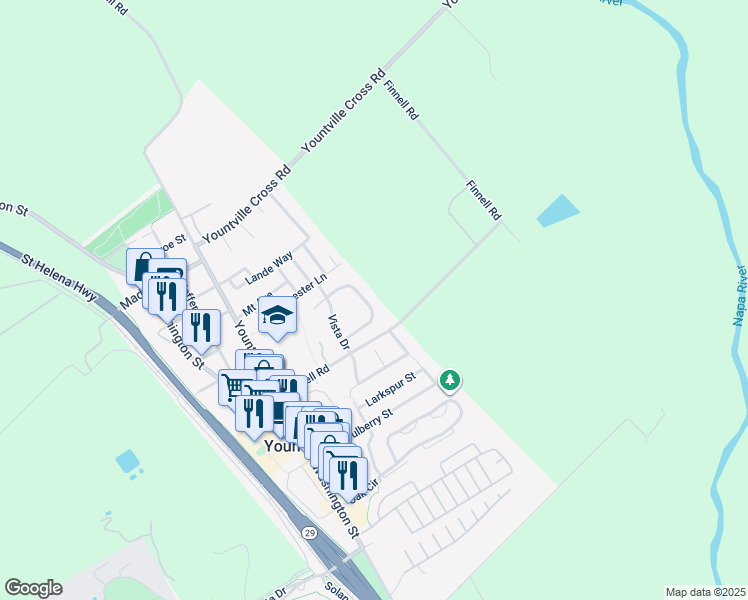 map of restaurants, bars, coffee shops, grocery stores, and more near 127 Vineyard Circle in Yountville