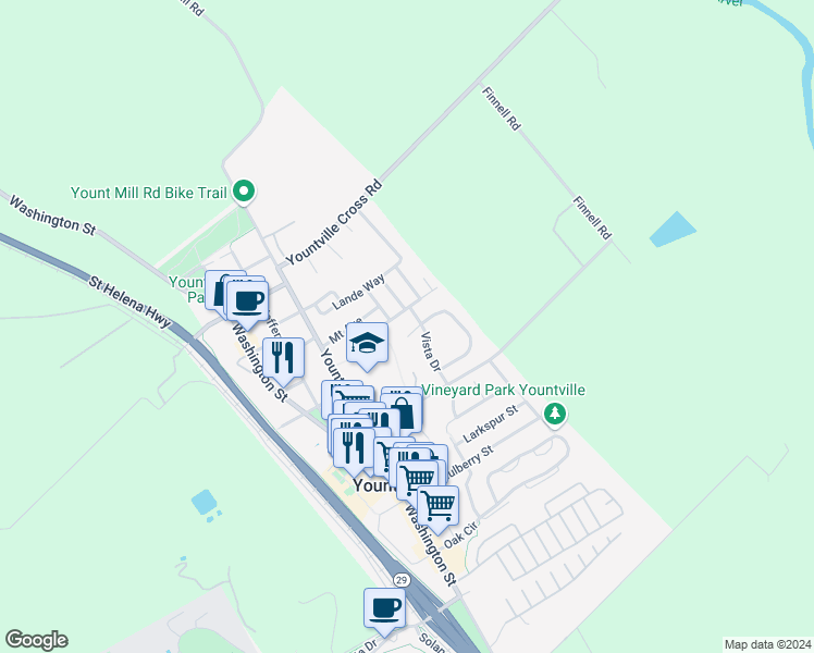 map of restaurants, bars, coffee shops, grocery stores, and more near 236 Vista Court in Yountville