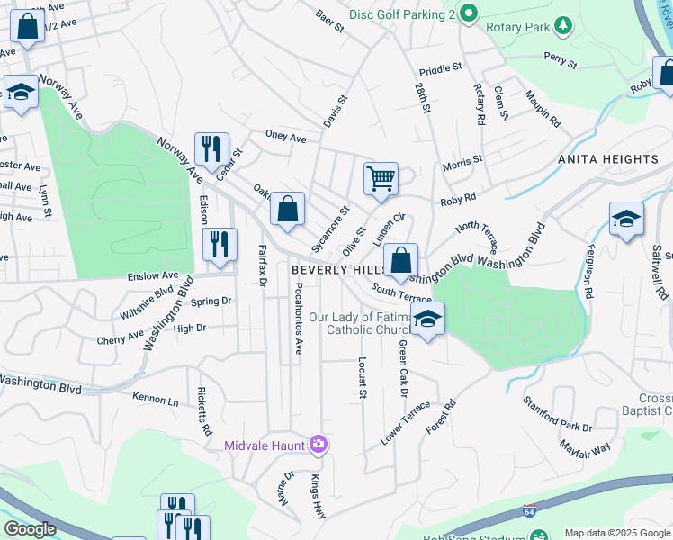 map of restaurants, bars, coffee shops, grocery stores, and more near in Huntington