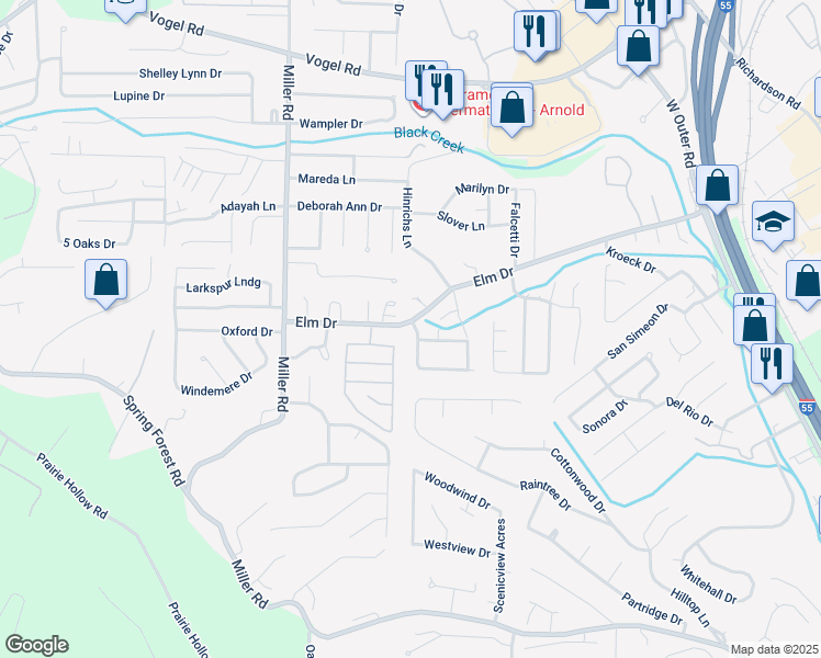 map of restaurants, bars, coffee shops, grocery stores, and more near 159 Ron De Le Drive in Arnold