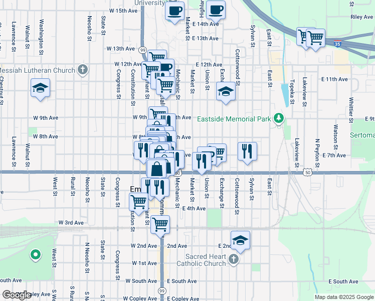 map of restaurants, bars, coffee shops, grocery stores, and more near 616 Mechanic St in Emporia