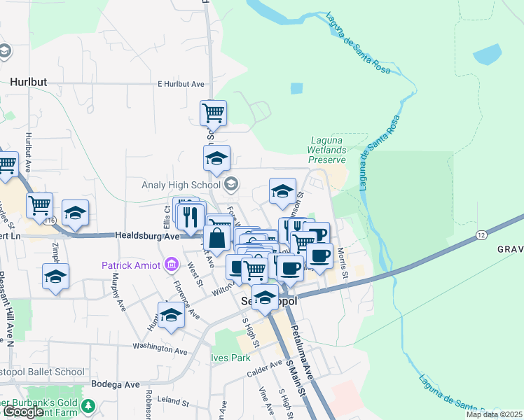 map of restaurants, bars, coffee shops, grocery stores, and more near 490 Taft Street in Sebastopol