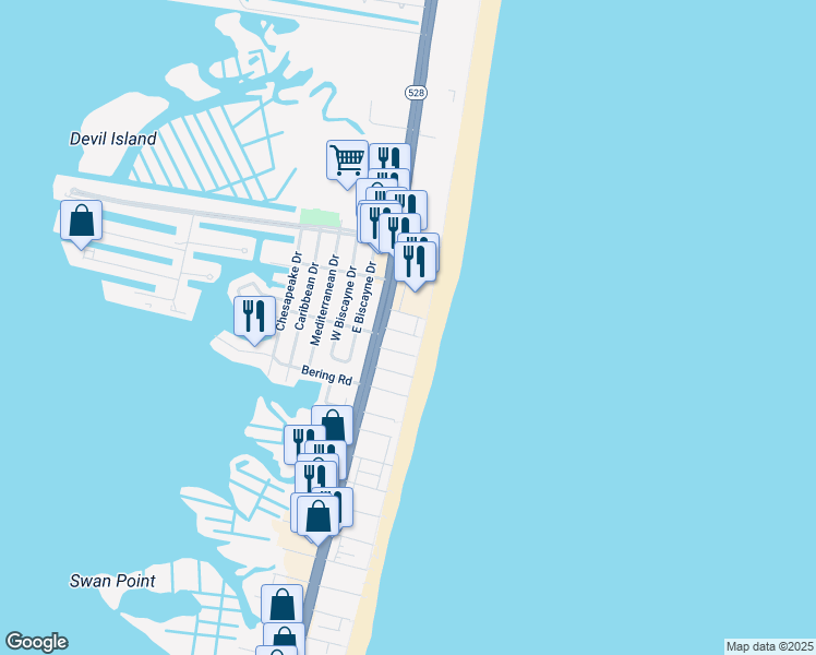 map of restaurants, bars, coffee shops, grocery stores, and more near 6 90th Street in Ocean City