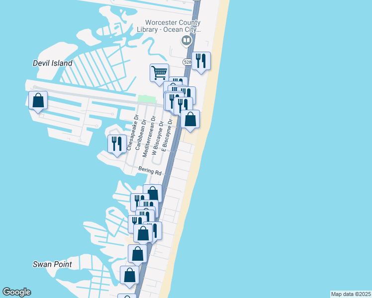 map of restaurants, bars, coffee shops, grocery stores, and more near 6 90th Street in Ocean City
