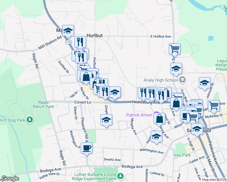 map of restaurants, bars, coffee shops, grocery stores, and more near 585 Gravenstein Highway North in Sebastopol