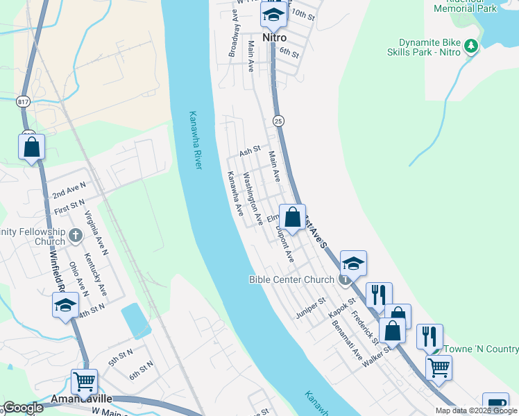 map of restaurants, bars, coffee shops, grocery stores, and more near 411 Elm Street in Nitro