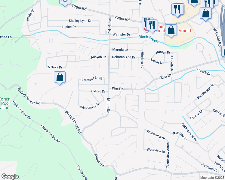 map of restaurants, bars, coffee shops, grocery stores, and more near 4908 Elm Drive in Arnold