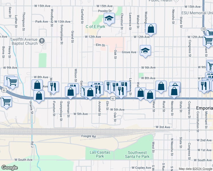 map of restaurants, bars, coffee shops, grocery stores, and more near 1303 West 7th Avenue in Emporia