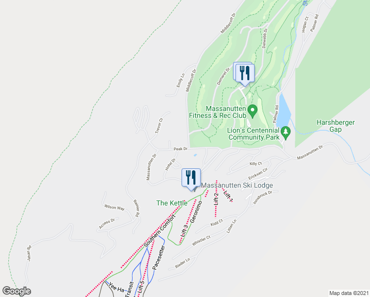 map of restaurants, bars, coffee shops, grocery stores, and more near Peak Drive in McGaheysville