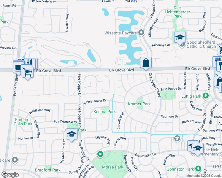 map of restaurants, bars, coffee shops, grocery stores, and more near 9665 Country Falls Lane in Elk Grove