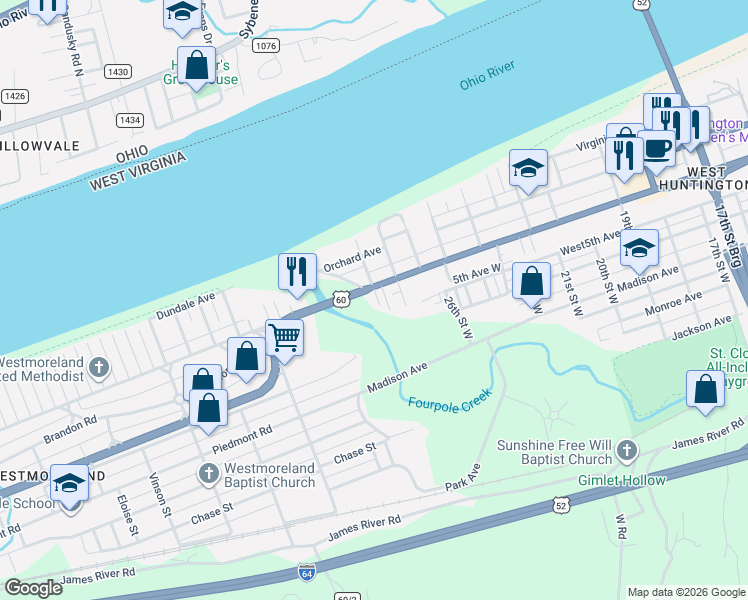 map of restaurants, bars, coffee shops, grocery stores, and more near 515 27th Street West in Huntington