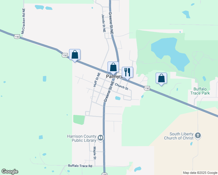 map of restaurants, bars, coffee shops, grocery stores, and more near 14110 Greene Street Northeast in Palmyra
