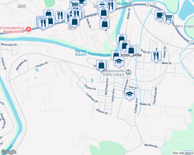 map of restaurants, bars, coffee shops, grocery stores, and more near 1123R Huntington Ave in Barboursville
