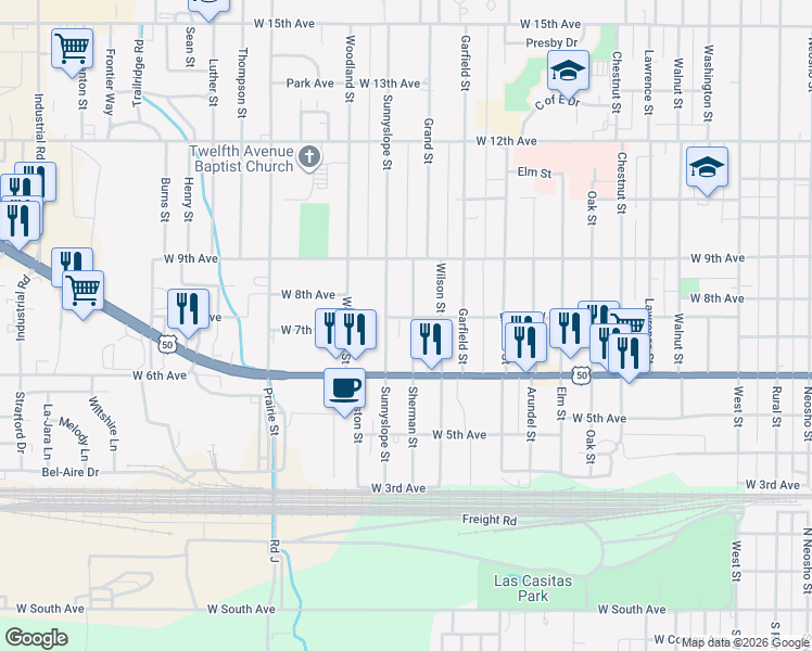map of restaurants, bars, coffee shops, grocery stores, and more near 627 Sherman Street in Emporia