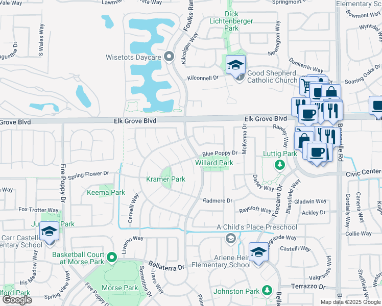 map of restaurants, bars, coffee shops, grocery stores, and more near 6225 Purple Finch Court in Elk Grove