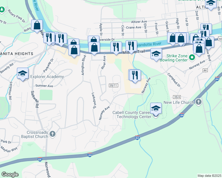 map of restaurants, bars, coffee shops, grocery stores, and more near 111 Smith Drive in Huntington