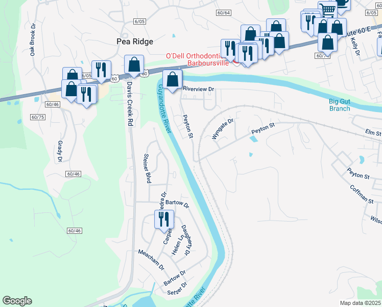 map of restaurants, bars, coffee shops, grocery stores, and more near 1001 Peyton Street in Barboursville