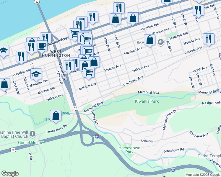 map of restaurants, bars, coffee shops, grocery stores, and more near 1122 13th Street West in Huntington